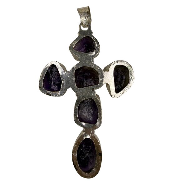 Amethyst & Silver Tone Unisex Purple Stone Cross Pendant Jewelry - Picture 2 of 4